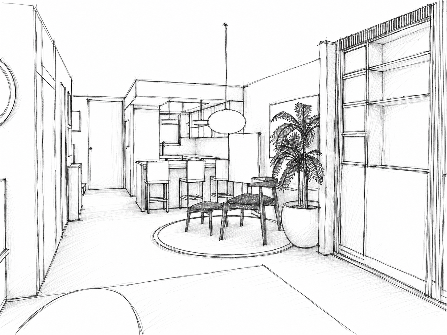 A hand-drawn sketch of a modern open-plan living space featuring a kitchen with an island, bar stools, a round rug, a dining table with chairs, a large potted plant, and a sliding glass door leading outside.