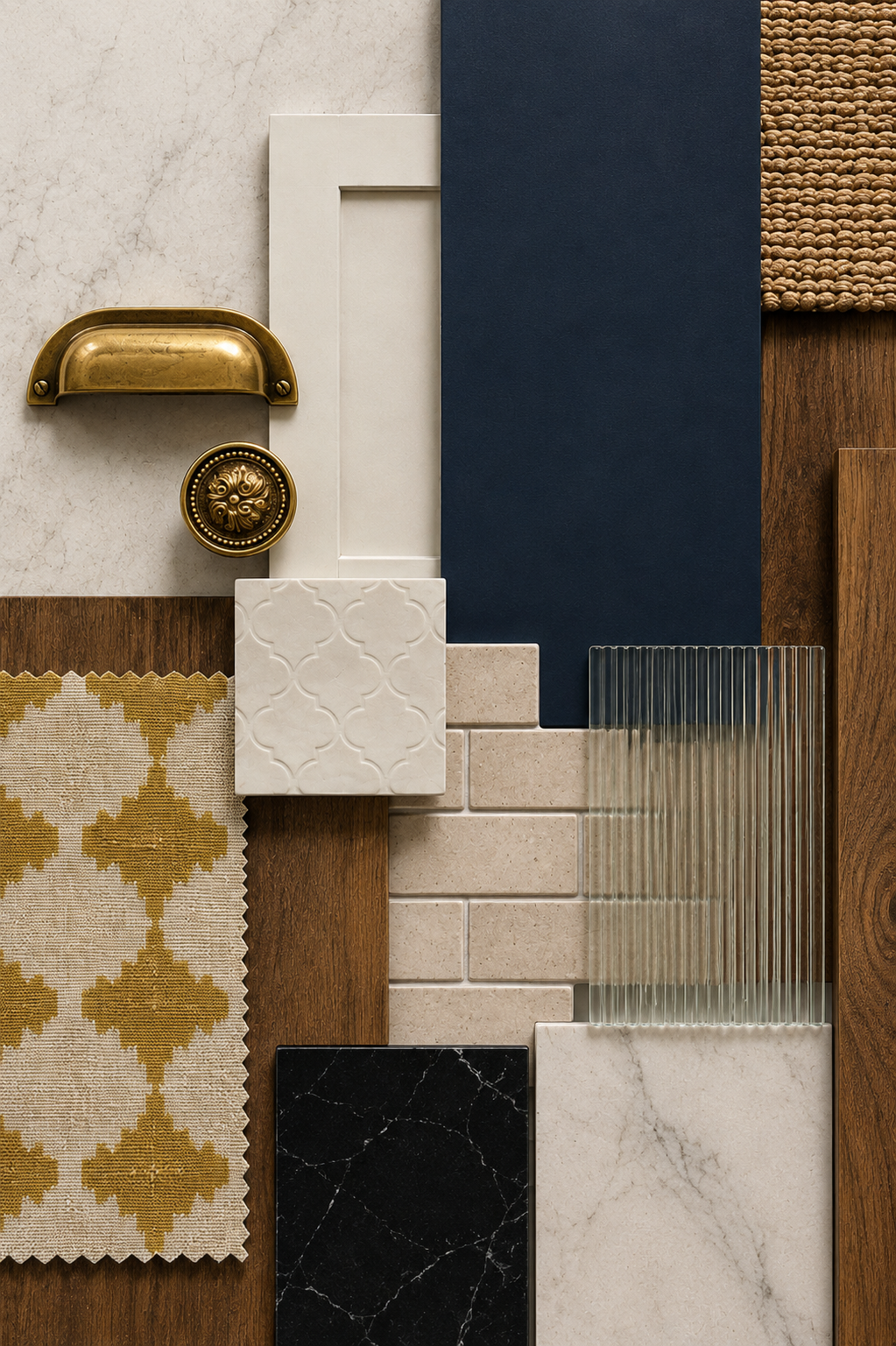 Arrangement of various building and interior design materials, including tiles, fabric, wood, glass, and decorative hardware.