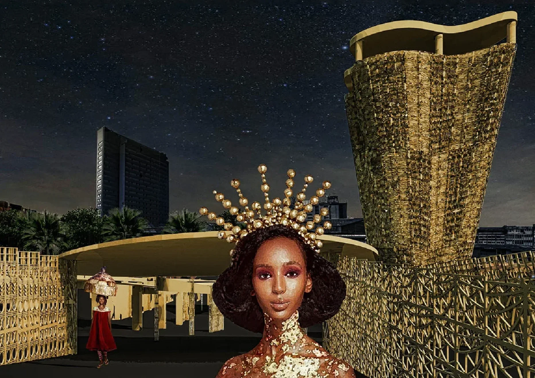 A woman with large earrings and a headpiece featuring multiple bulbs stands in an outdoor setting at night, with city buildings and a starry sky in the background, and another woman in a red and black outfit holding a basket behind her.