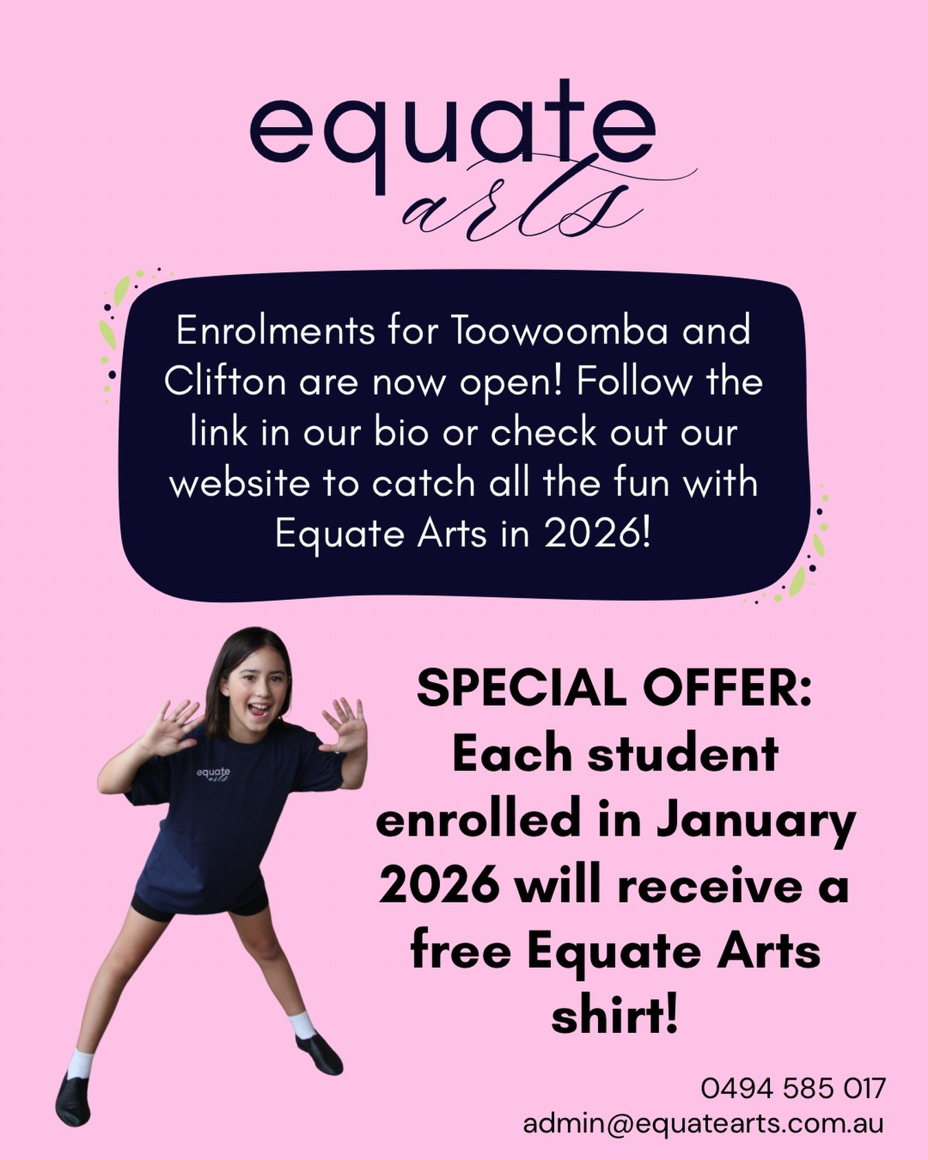 🪩🥳The time has finally arrived! Equate Arts 2026 enrolments are now open!🥳🪩

We look forward to meeting all of our new students and families when classes commence on February 2nd.

Once registration is complete, families will be contacted via ema