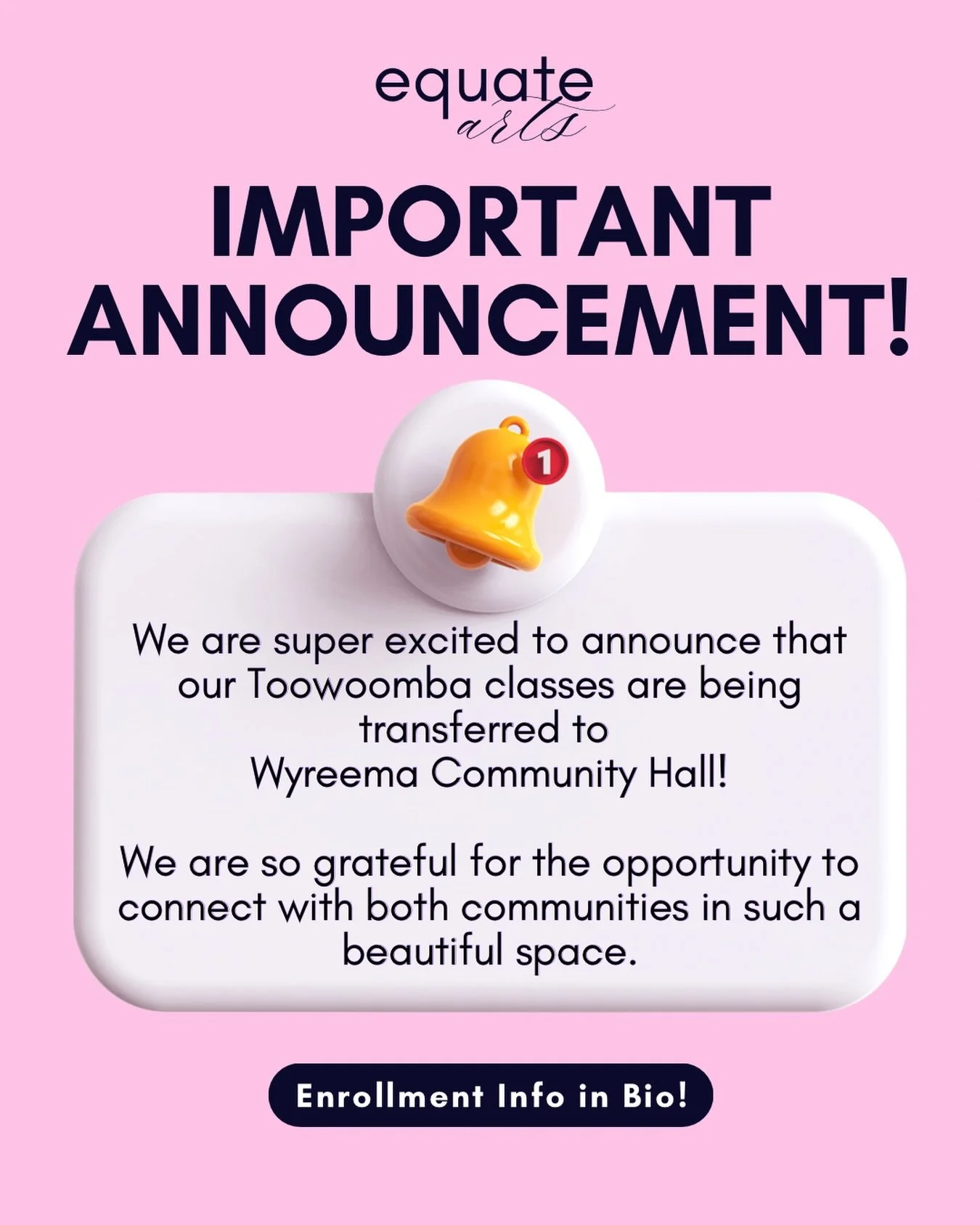 🪩📍LOCATION CHANGE📍🪩

Equate Arts is proud to announce that we are expanding our offerings to the Wyreema community. This change allows us to connect with both Toowoomba and Wyreema families in once space - bridging social relationships for all!

