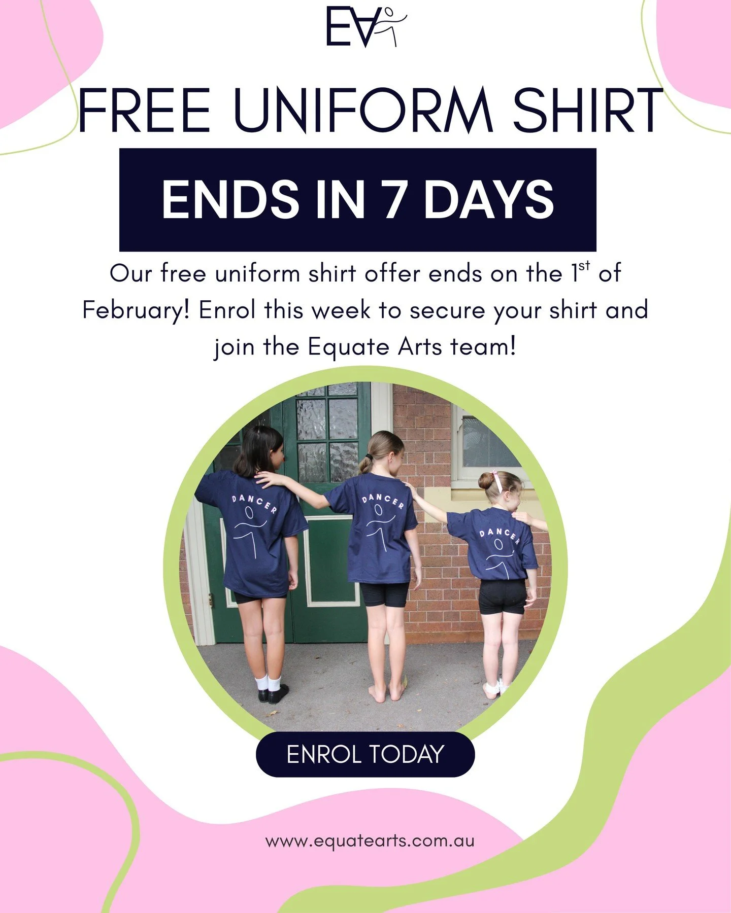 ❗ALERT: FREE UNIFORM SHIRT❗

Clifton, Wyreema, and Southbrook our free uniform shirt offer is ending soon! Don't miss the opportunity to experience dance differently with Equate Arts - Term 1 begins February 3rd!🌱

DM, call, email, or check out our 
