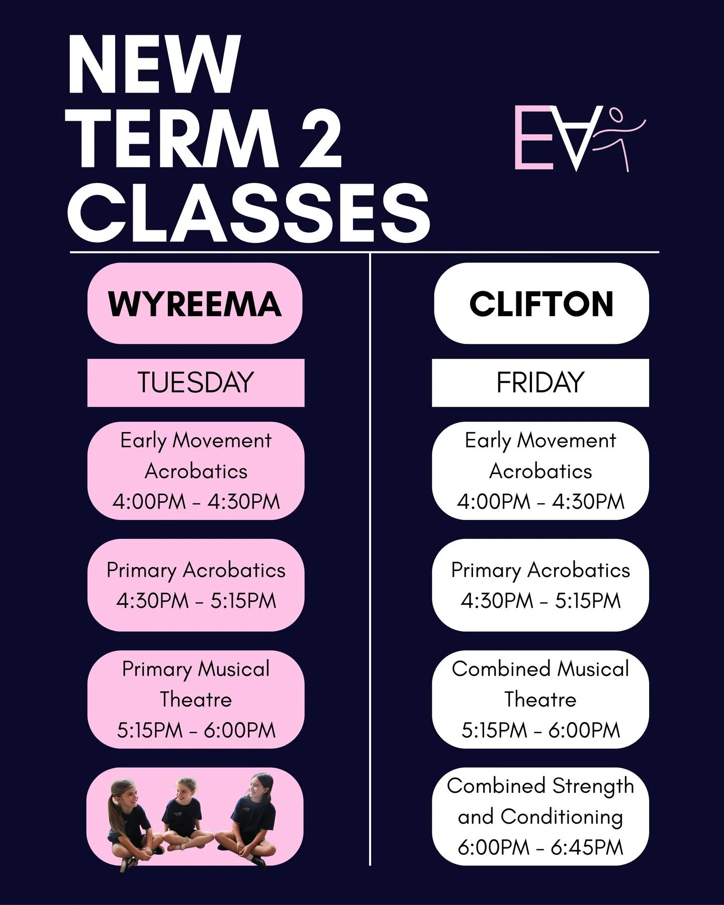 🪩🌱New Term 2 Classes🌱🪩

We are now a month out from starting Term 2 at Equate Arts. Thanks to your voting, we have added four new classes to our timetable!💗

📣Have you heard? When a dancer is enrolled in three separate classes for Term 2, the t