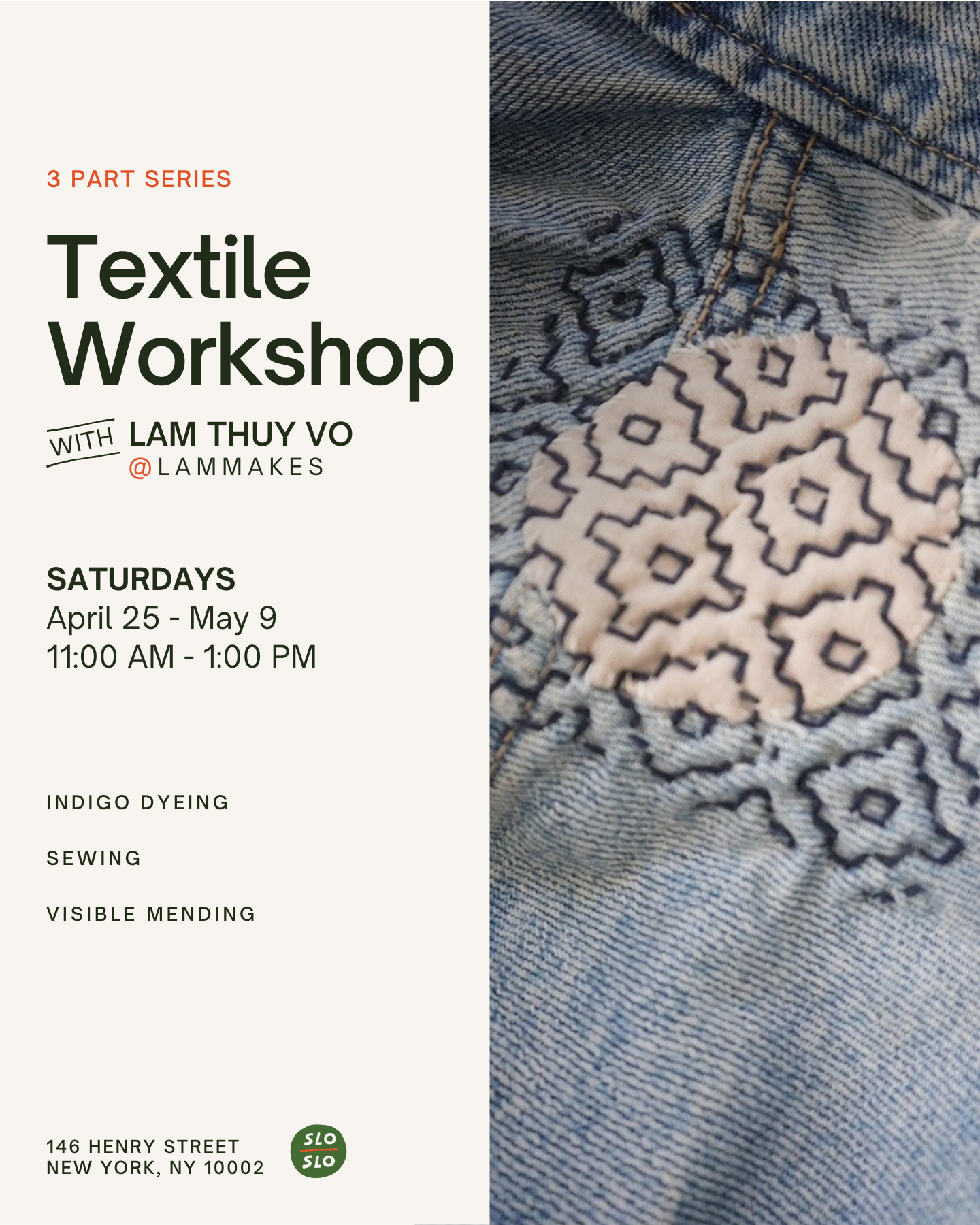 Textile Workshop 3-part series promotional poster featuring visible mending on denim