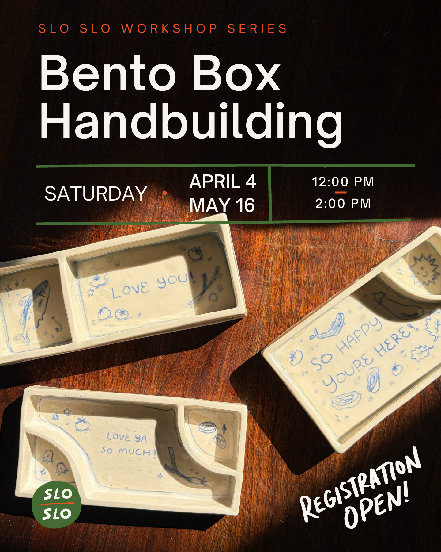 Bento Box Handbuilding workshop featuring handmade ceramic bento boxes with personalized blue drawings