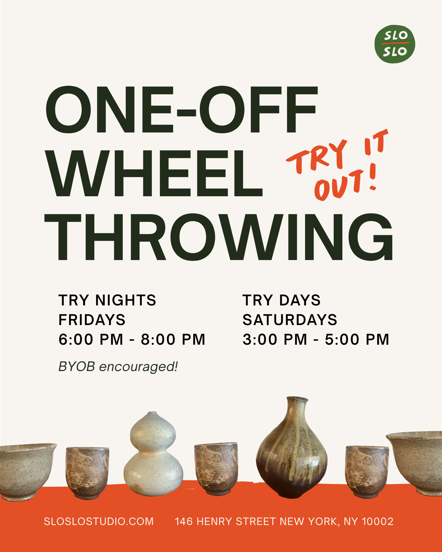 One-Off Wheel Throwing try nights and try days promotional poster featuring handmade ceramic vessels