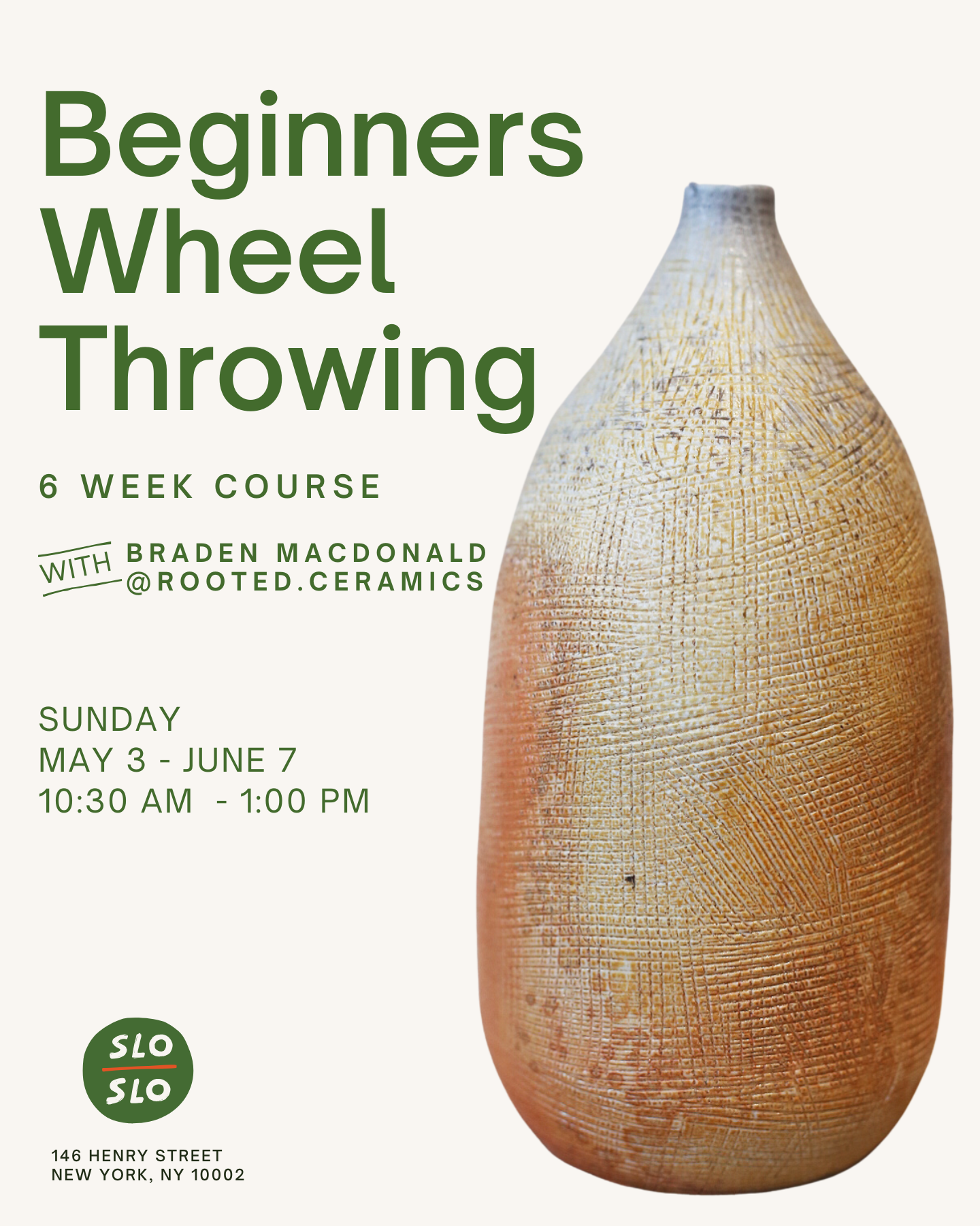 Beginners Wheel Throwing image with an orange and white ceramic vessel.