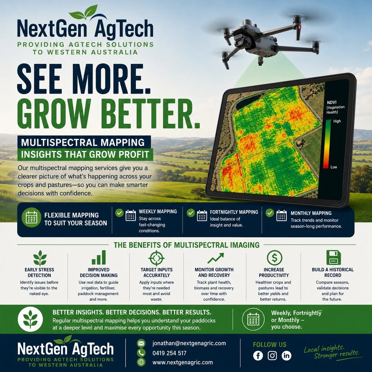 🚁🌱 SEE MORE. GROW BETTER. 🌱🚁

Understanding what&rsquo;s happening across your crops and pastures has never been more important.

At NextGen AgTech, our multispectral mapping services give growers a clearer picture of plant health, stress levels,