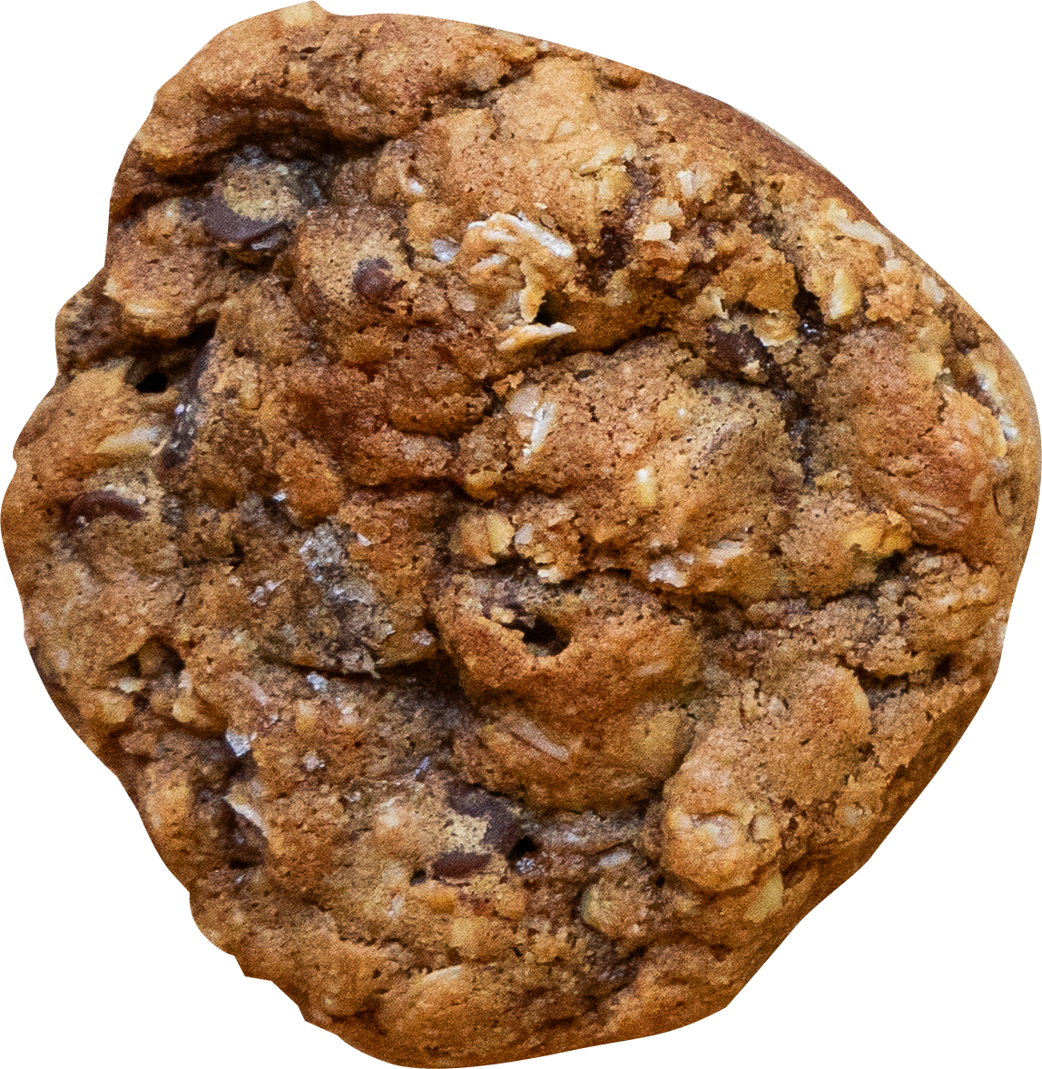 Close-up of a chocolate chip cookie with a rough, textured surface.