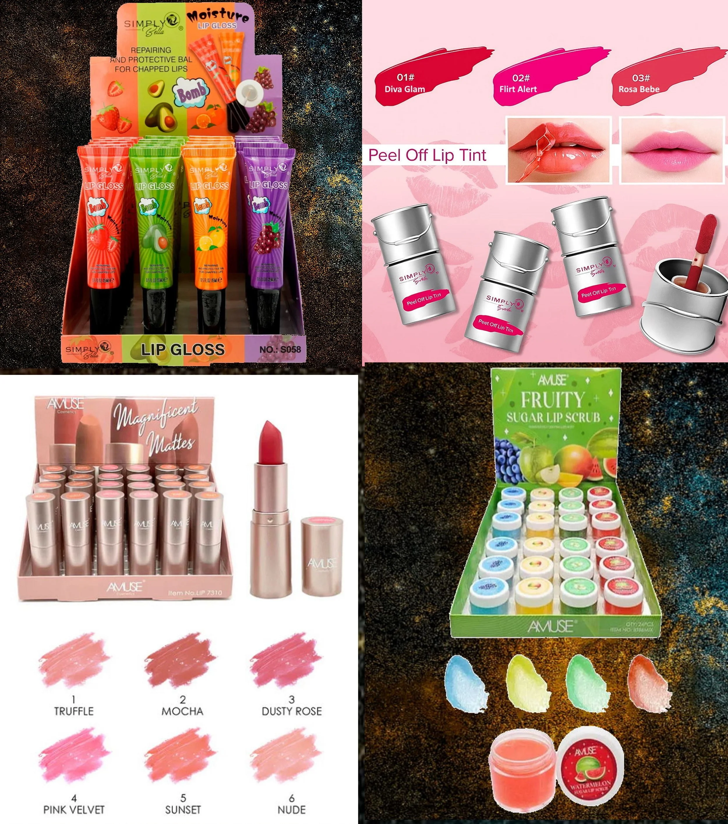 70 Pcs- Amuse Lipstick & Lip Scrub, Simply Bella Tint & Gloss Lip Care