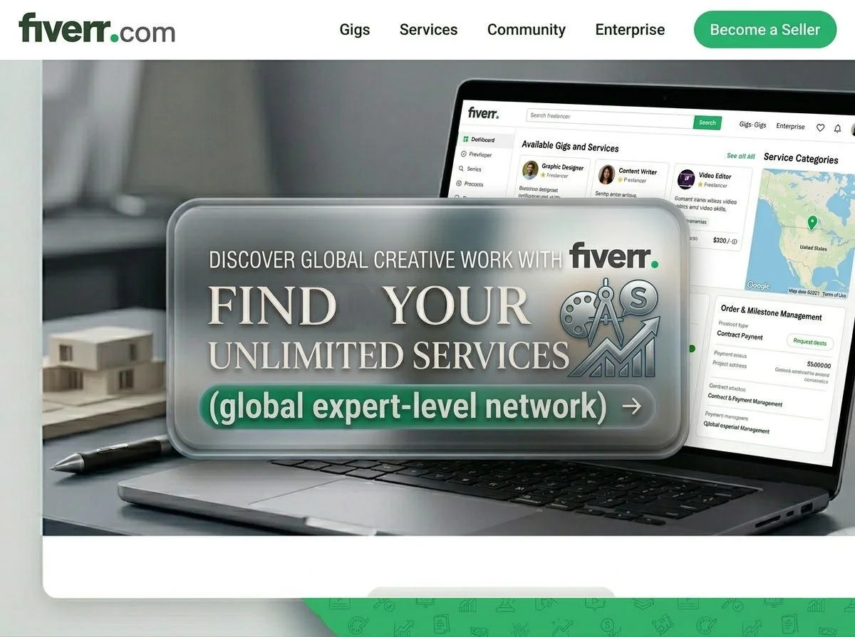 A laptop displaying the Fiverr website with a promotional message overlayed: "Discover global creative work with Fiverr. Find your unlimited services (global expert-level network)." The screen shows categories like graphic design, content writing, and video editing, and a map of the United States.