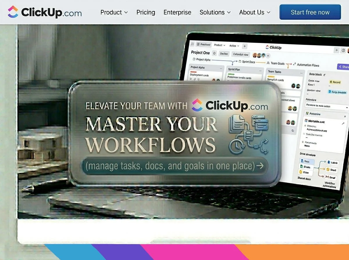 Computer screen displaying a project management software interface, with the ClickUp logo and a promotional message about mastering workflows and managing tasks, documents, and goals in one place.
