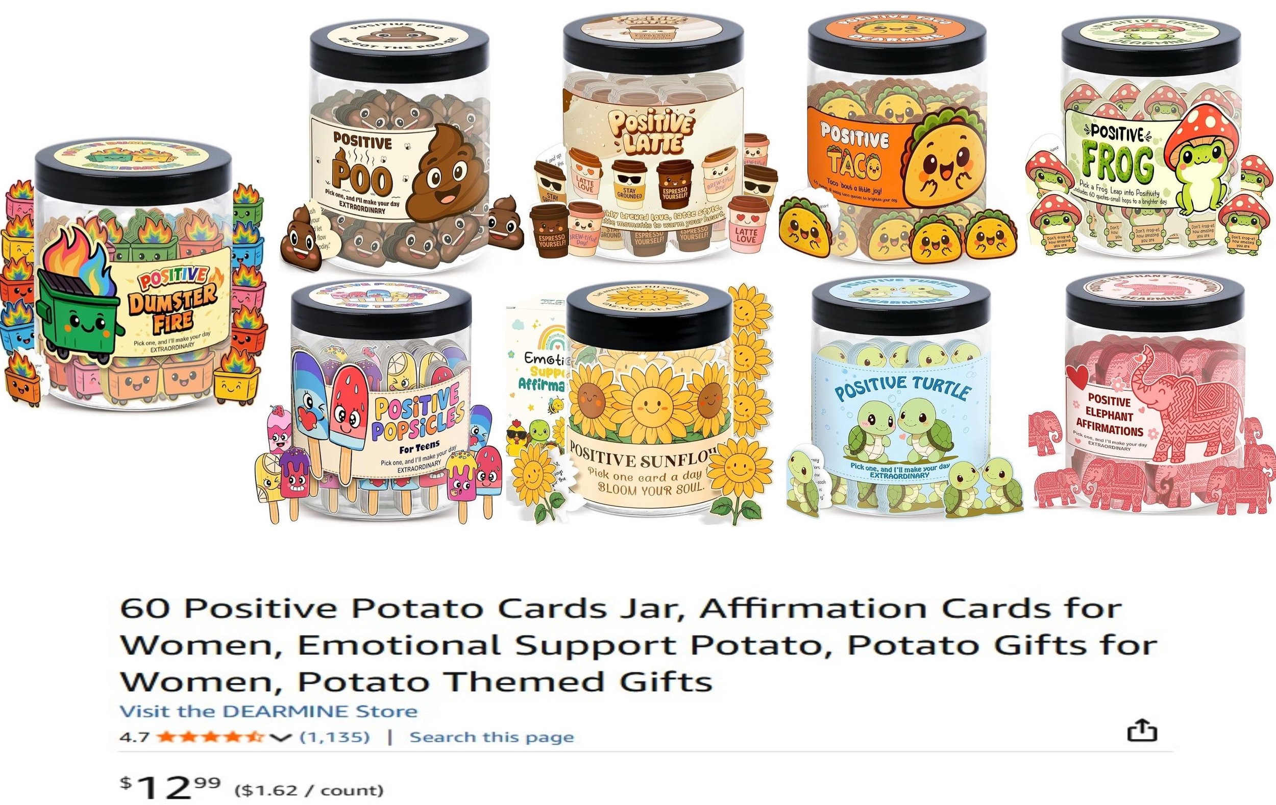 Collection of 10 jars each containing different-themed affirmation and emoji cards with colorful, playful designs and cartoon illustrations of potatoes, frogs, turtles, elephants, flowers, and tacos.