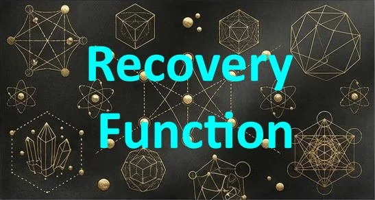 The image features the words "Recovery Function" in bright blue text over a dark background with various geometric and molecular-like line diagrams and shapes in gold and white.