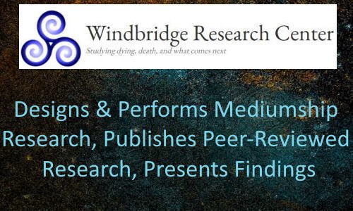 Windbridge Research Center logo and text about mediumship research, peer-reviewed publishing, and presenting findings.