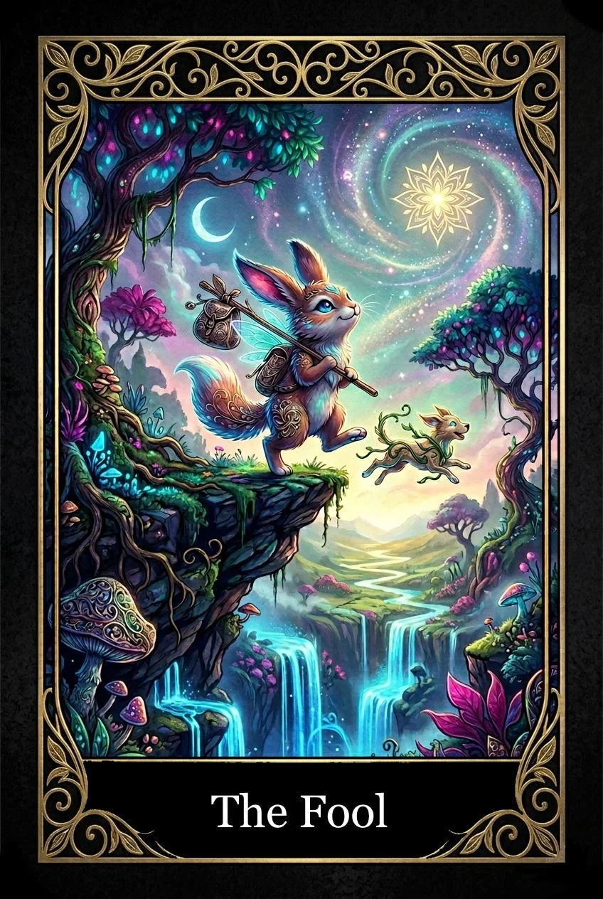 An illustrated tarot card titled "The Fool," featuring a whimsical fox with fairy wings standing on a cliff. The fox holds a staff over its shoulder and appears joyful, with a smaller creature leaping beside it. The background depicts a magical landscape with waterfalls, vibrant trees, colorful mushrooms, a crescent moon, and a swirling starry sky with a radiant geometric star.