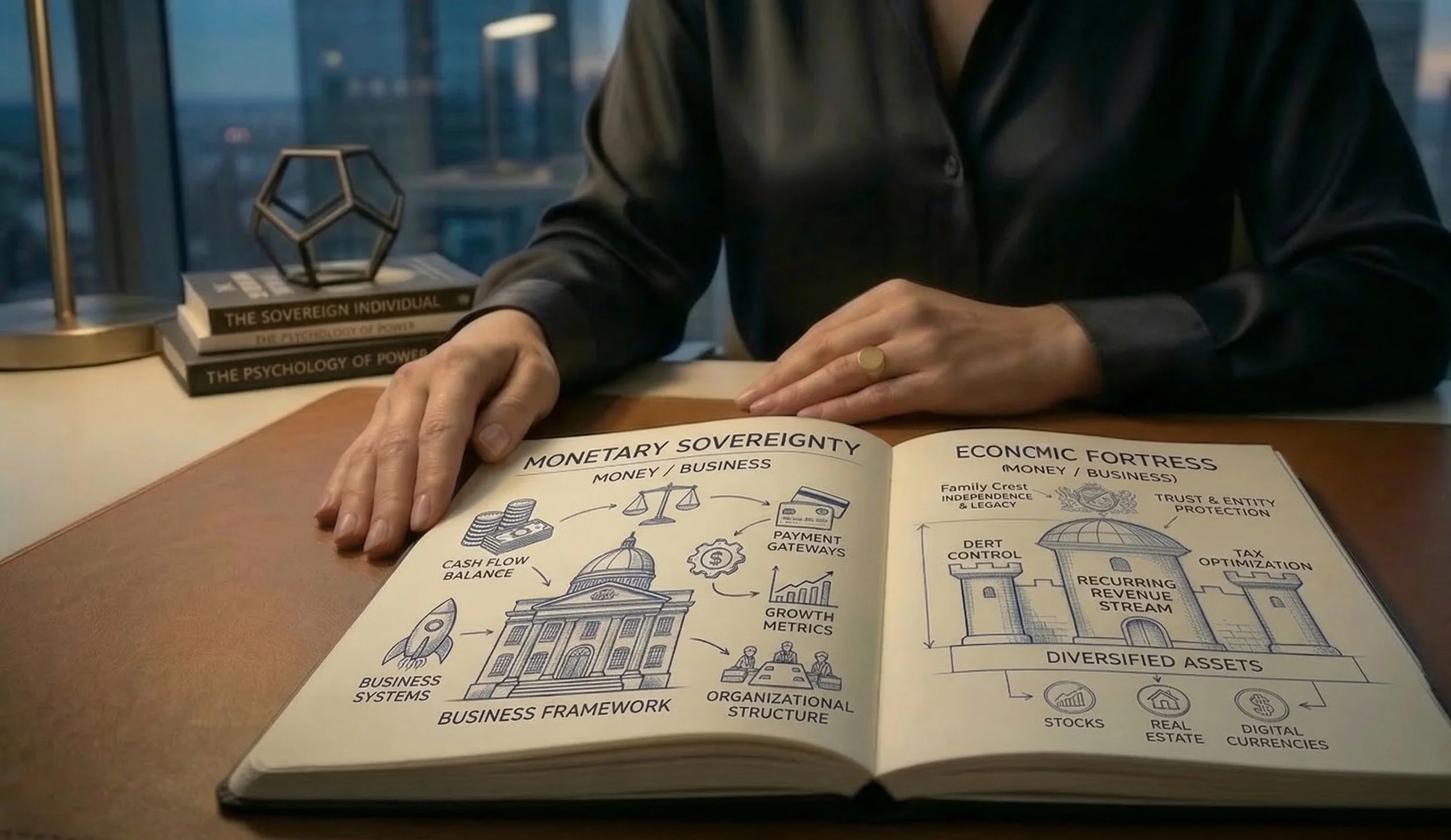 Open book with diagrams and text about monetary sovereignty and economic fortress, set on a wooden desk with a person in black shirt; background includes a stack of books and a geometric sculpture.