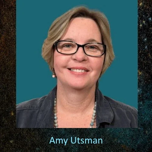 A woman with short blonde hair wearing glasses, a dark jacket, a pearl necklace, and a light shirt, smiling against a teal background with her name, Amy Utsman, displayed at the bottom.
