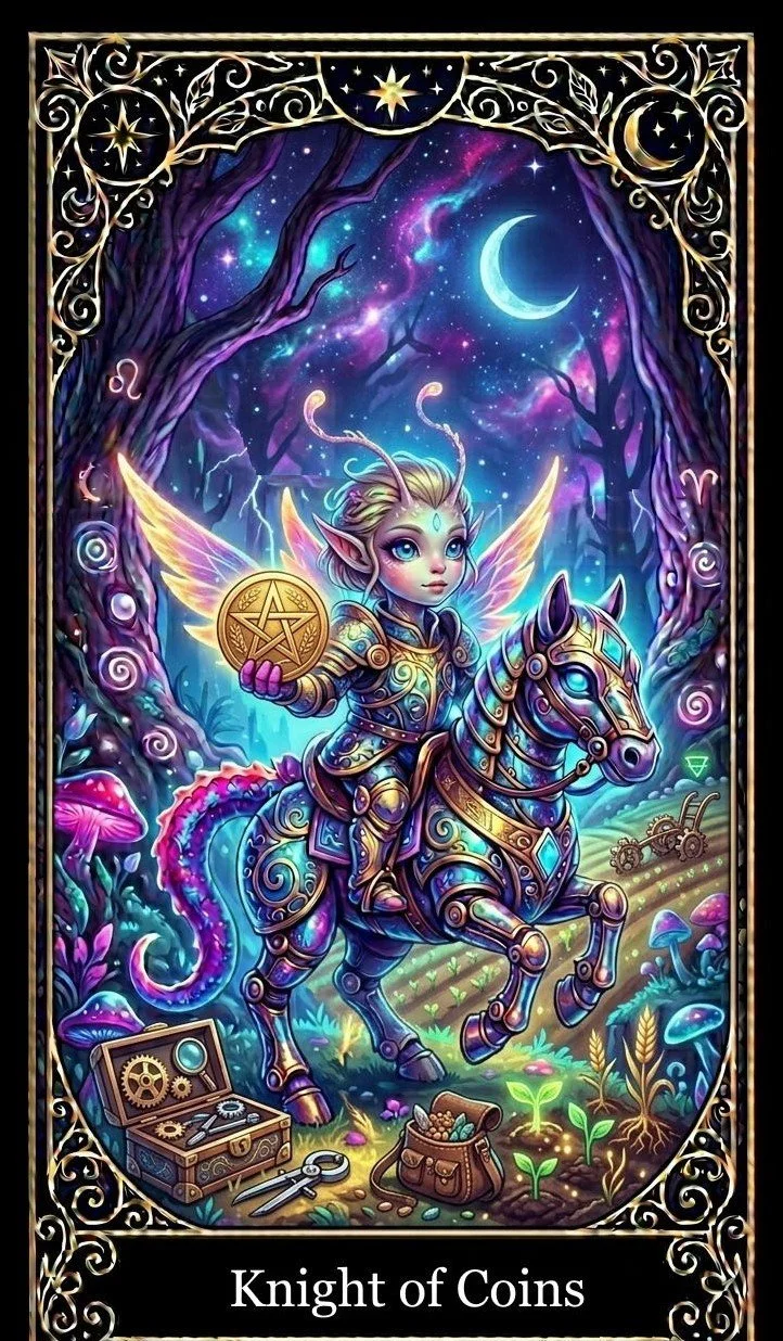 A fantasy illustration of a fairy riding a mechanical horse in a mystical forest with a glowing moon and stars in the night sky. She holds a coin with a star symbol and is surrounded by vibrant plants, mushrooms, and tools, with decorative celestial borders.