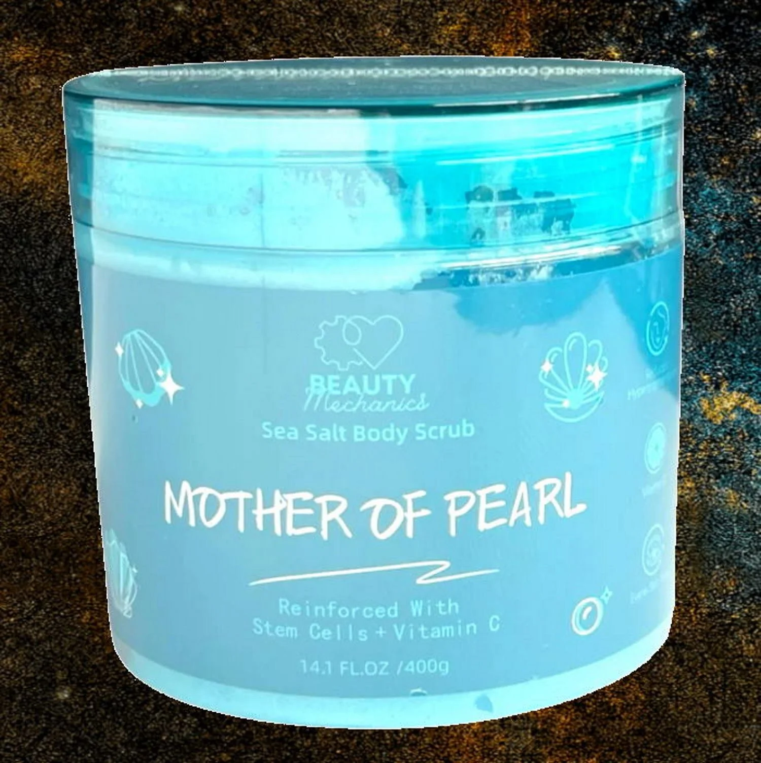 Beauty Mechanics Mother of Pearl Sea Salt Body Scrub in 14 oz jar, illuminating exfoliating body scrub with crushed pearl, vitamin C, and stem cells for radiant skin