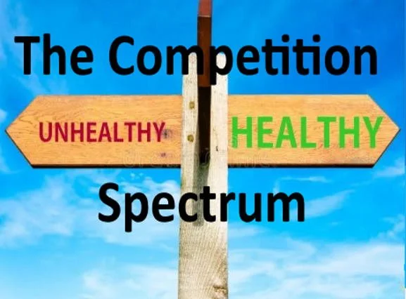 A signpost with an arrow pointing left labeled 'Unhealthy' in red, and an arrow pointing right labeled 'Healthy' in green, under the text 'The Competition Spectrum' against a blue sky background.