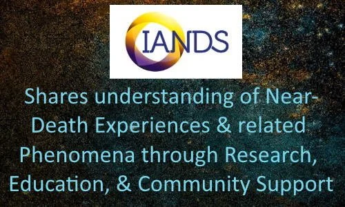 IANDS logo with a yellow and purple circular design, and text about sharing understanding of near-death experiences through research, education, and community support.