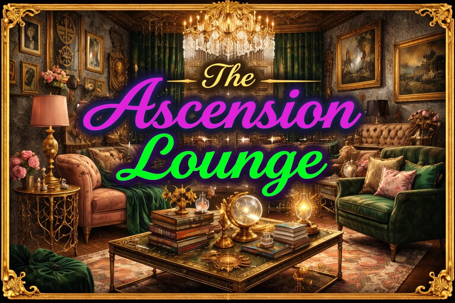 Luxury lounge with ornate vintage furniture, framed art, and elegant lighting, overlaid with text 'The Ascension Lounge' in colorful script