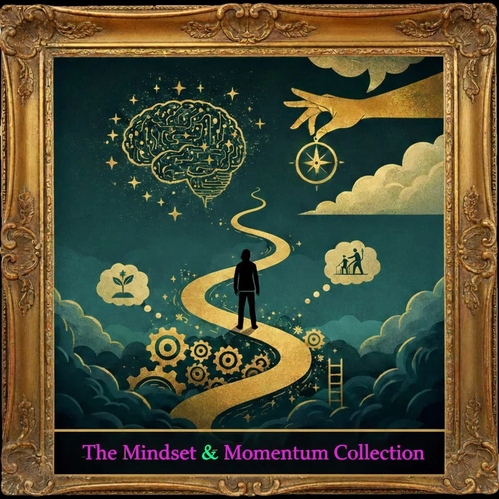 A person standing on a winding path with gears below, looking at a brain and a hand holding a compass above clouds. Inspirational elements include a sprouting plant, a family, and stars, all framed in an ornate gold picture frame.