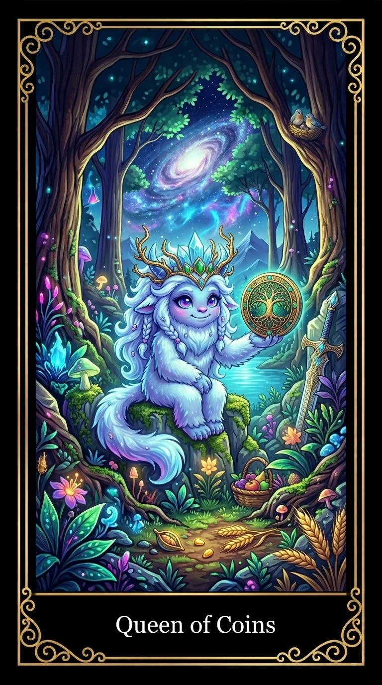 A mystical creature with antlers, glowing purple eyes, and a crown, sitting on a mossy rock in a magical forest. The creature holds a coin with a tree symbol, surrounded by vibrant plants, mushrooms, and a starry galaxy in the background, with a sword and basket of fruit nearby.