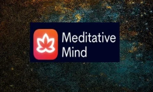 Logo with an orange and pink flame and a white lotus flower, next to the text 'Meditative Mind' on a dark background.