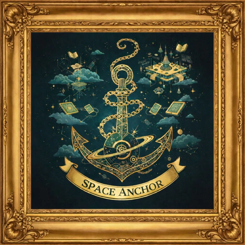 A decorative framed artwork featuring a golden anchor with space-themed elements like planets, clouds, and floating books and devices, with the text "SPACE ANCHOR" on a ribbon at the bottom.