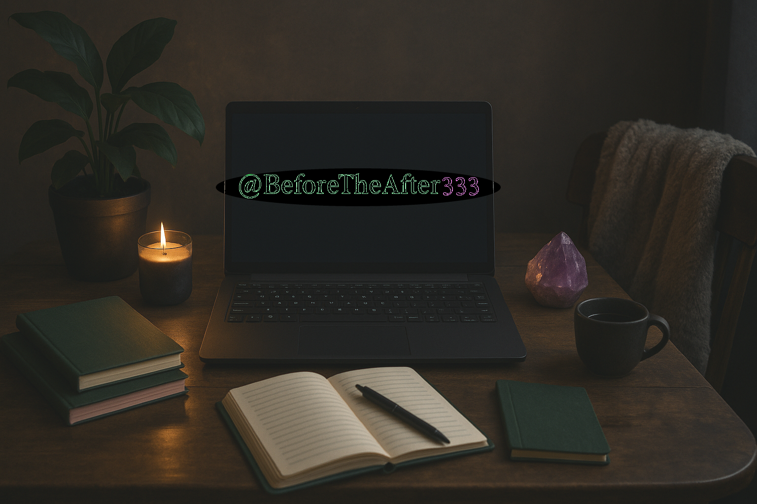 A laptop on a wooden desk with a plant, candle, notebook, pen, purple crystal, mug, and additional notebooks nearby. The laptop screen displays '@BeforeTheAfter333'.