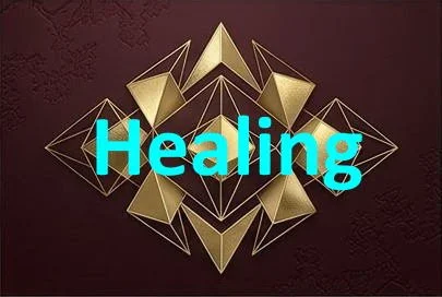 Geometric 3D gold shapes with the word Healing in blue text overlay.