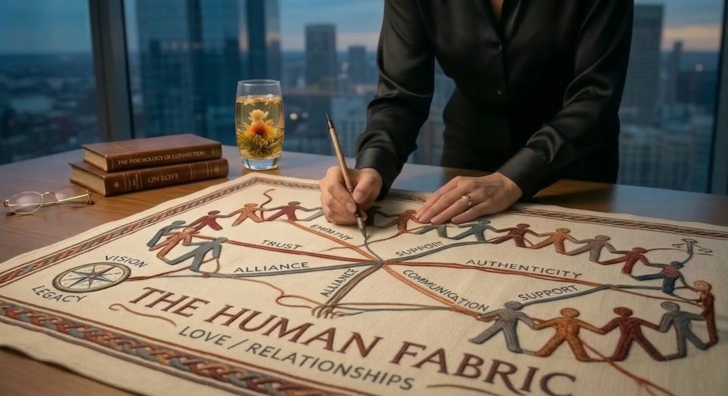 A person in a black shirt is working on a fabric art piece titled 'The Human Fabric,' which features interconnected figures holding hands, representing love, trust, alliance, support, and other values. The workspace includes a glass of flowers, books, and glasses on the wooden table with a cityscape view through large windows behind.