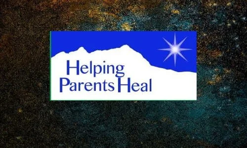 Logo with a blue background, white mountain silhouette, and a shining star, with the text 'Helping Parents Heal'.