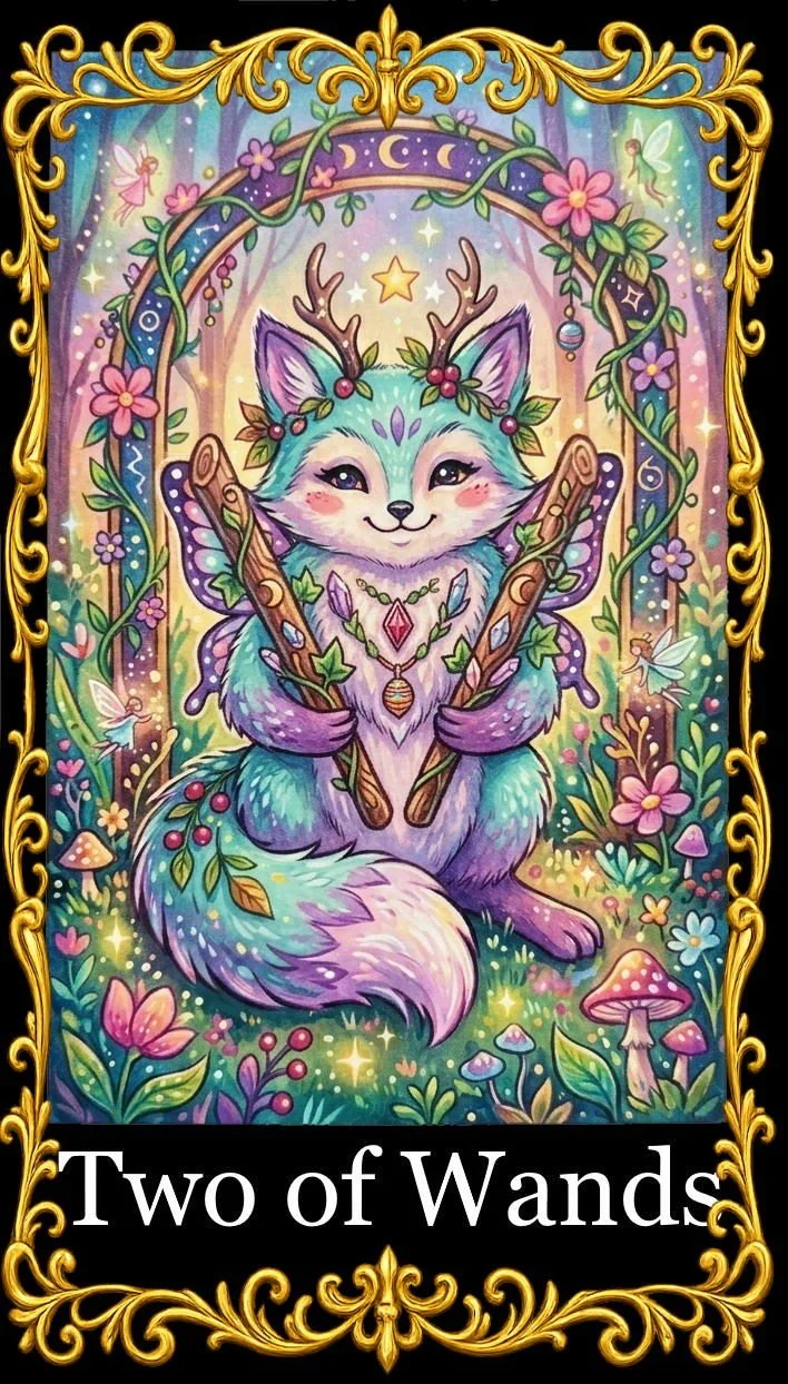 A whimsical, colorful illustration of a cute fox with butterfly wings, holding two fireplace lighters. The fox is decorated with antlers, flowers, and jewelry, set in a magical forest with glowing elements, mushrooms, and blooming plants. It is framed with an ornate, golden border. The card title reads "Two of Wands".