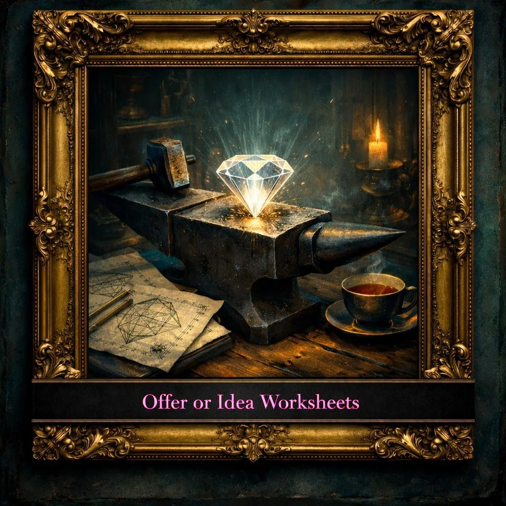 An ornate gold frame surrounds a dark scene with a blacksmith's anvil, a glowing diamond on top, a hammer, a cup of tea, and some sketches. A lit candle is in the background. The text on the image reads 'Offer or Idea Worksheets'.