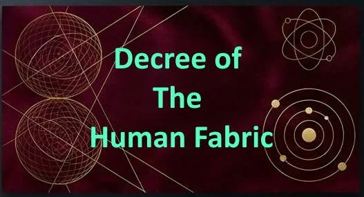 Text reading 'Decree of The Human Fabric' on a dark red background with geometric and atomic illustrations.