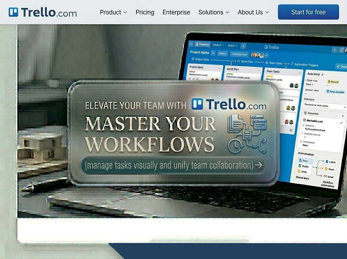 Screenshot of Trello.com website with a central message promoting mastering workflows for team task management, featuring a laptop displaying a Trello project board in the background.