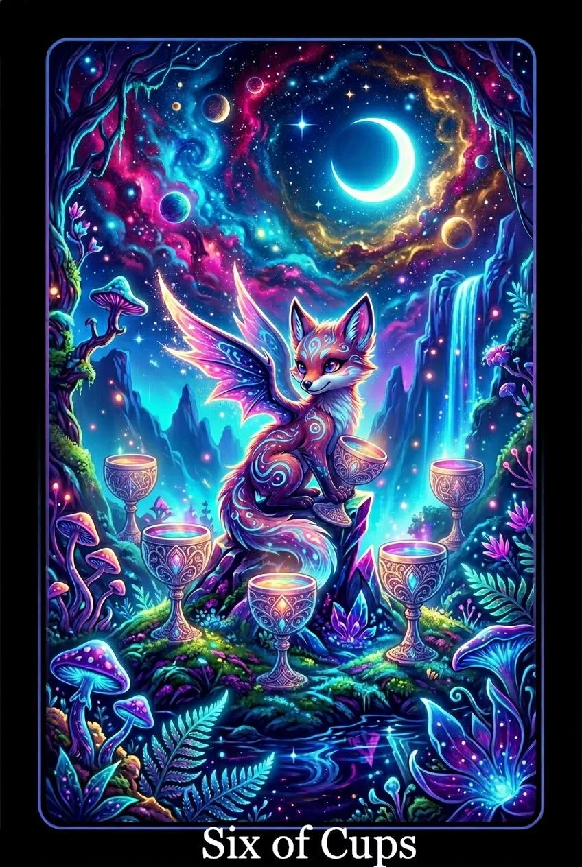 A fantasy scene featuring a mystical fox with wings, sitting on a rock surrounded by six ornate cups filled with glowing liquid, set in a vibrant, magical forest under a starry sky with a crescent moon, waterfalls, mushrooms, and lush plants.