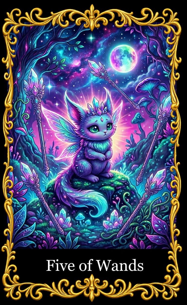 Fantasy tarot card titled 'Five of Wands' featuring a small, glowing fairy-like creature with large ears and wings, holding a wand. The scene is magical with colorful plants, mushrooms, and crystal-like wands in a vibrant forest under a starry sky with a full moon.