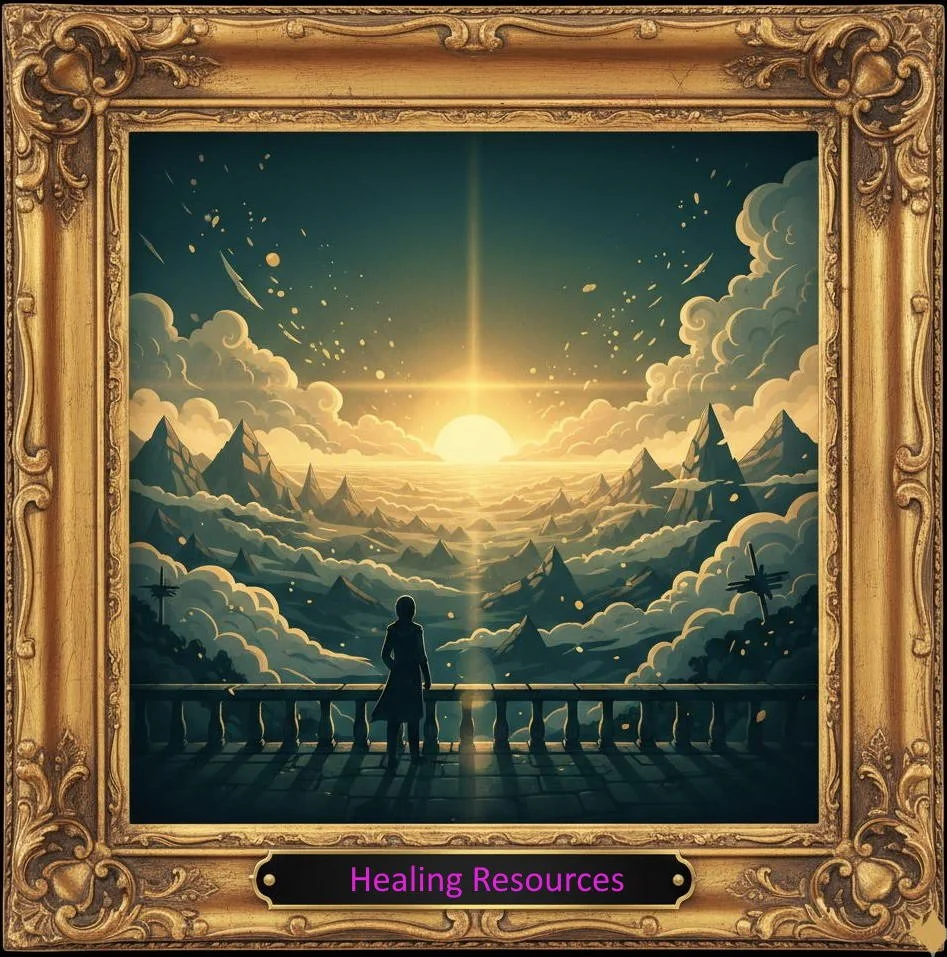 A person standing on a balcony, looking at a scenic view of mountains and clouds with a bright sun at sunrise or sunset, within an ornate golden frame, labeled 'Healing Resources'.