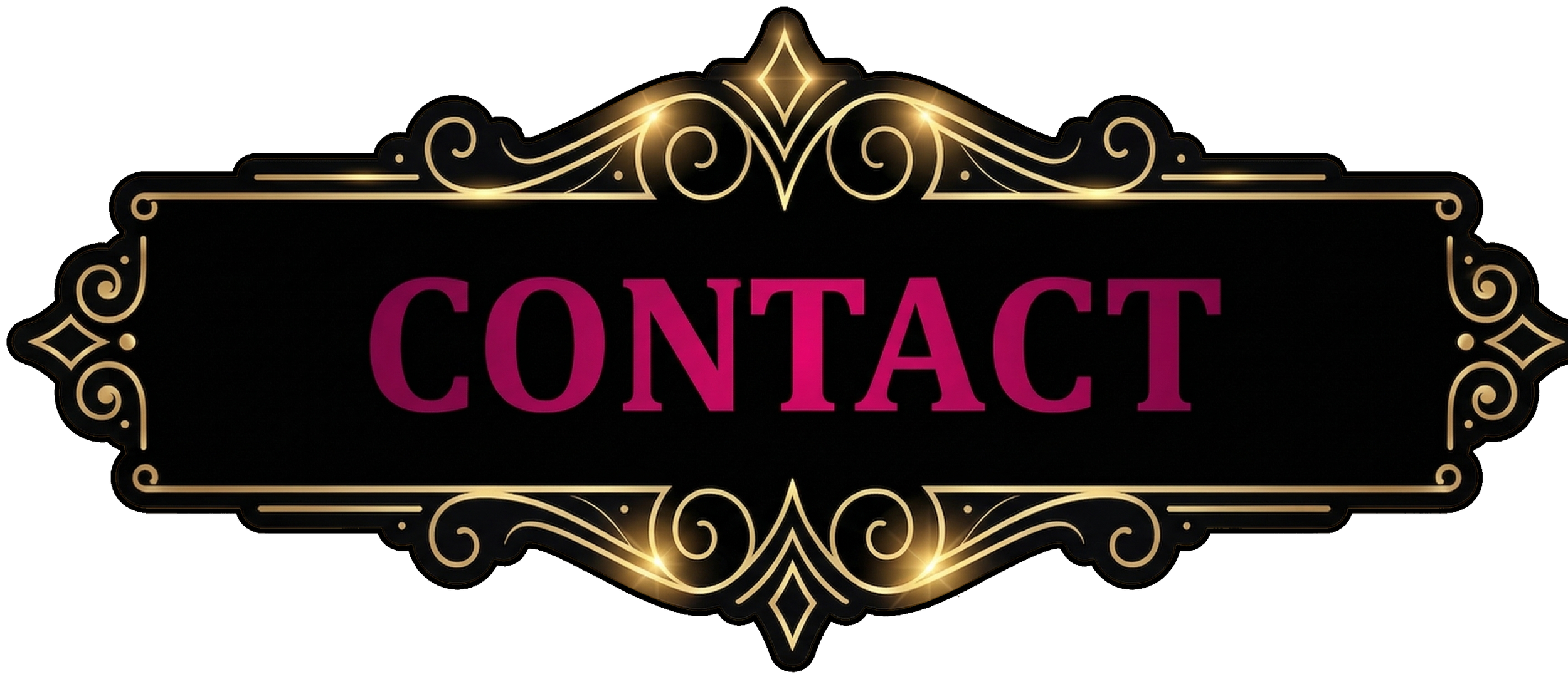 Elegant contact sign with gold decorative border and purple text on black background.