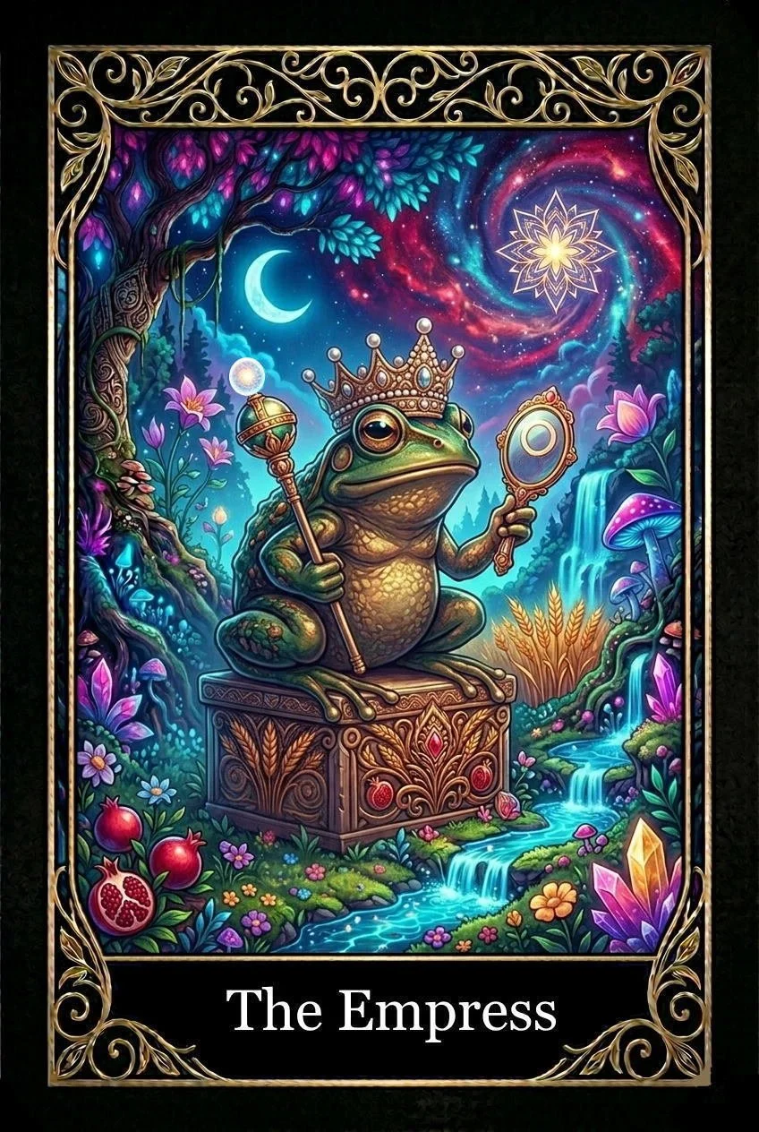A colorful fantasy-style illustration of a frog with a crown, sitting on a decorated pedestal, holding a mirror and scepter. Surroundings include vibrant flowers, mushrooms, a waterfall, a stream, and a starry sky with celestial bodies including a crescent moon and swirling galaxies. The card is titled "The Empress".
