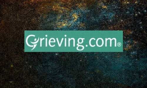 Grieving.com logo on a dark textured background.