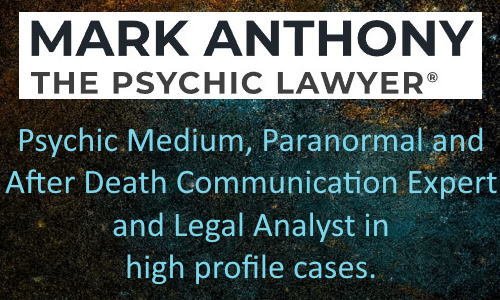 Business card for Mark Anthony, the psychic lawyer, describing him as a psychic medium, paranormal and after-death communication expert, and legal analyst.