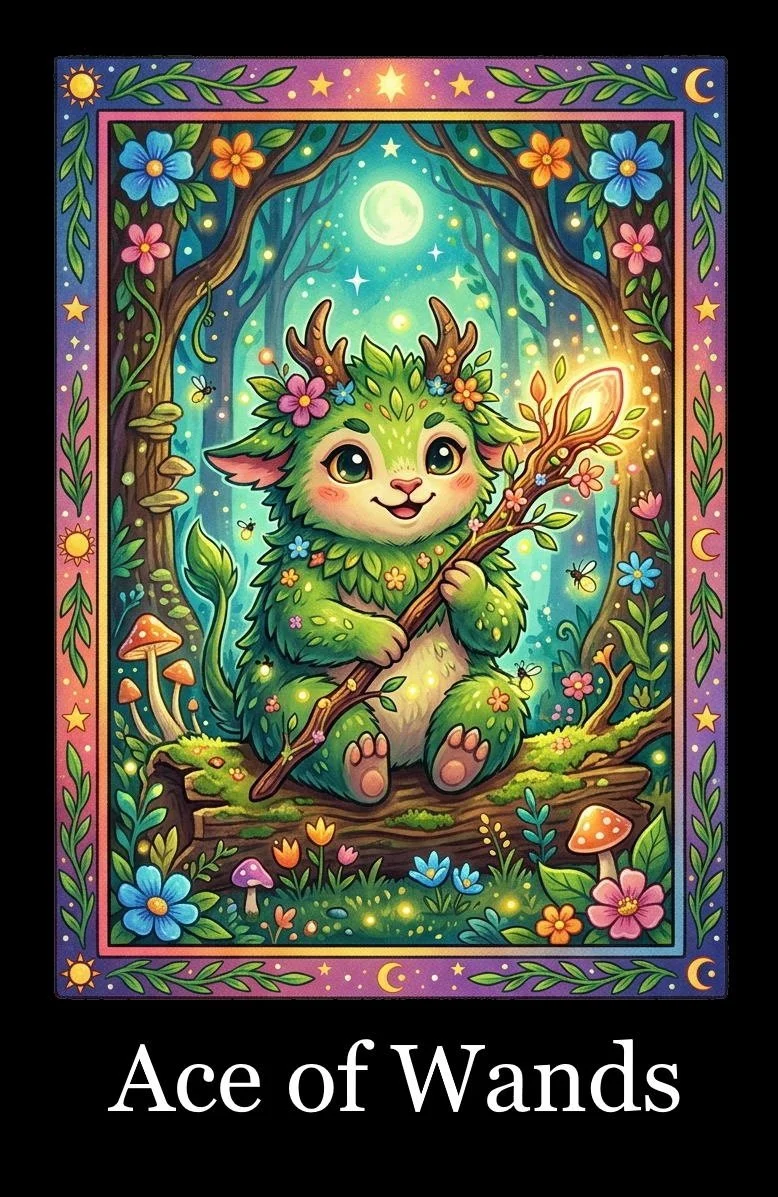 A whimsical illustration of a cute, green, antlered forest creature with big eyes, sitting on a mossy log in a magical forest at night. The creature holds a glowing wand, surrounded by colorful flowers, mushrooms, and fireflies, with a bright moon and stars in the sky.