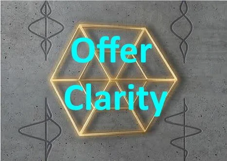 Neon sign with the words 'Offer Clarity' inside a hexagon shape, on a gray wall with DNA helix patterns.