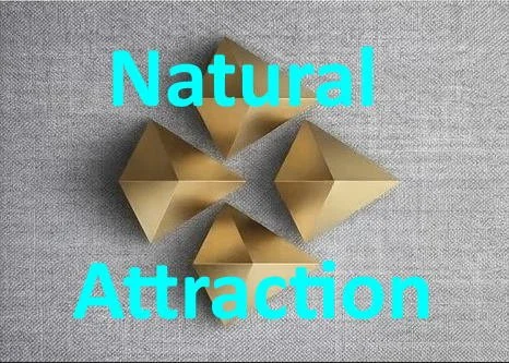 Four gold geometric paper sculptures on a gray surface with blue text reading 'Natural Attraction'.