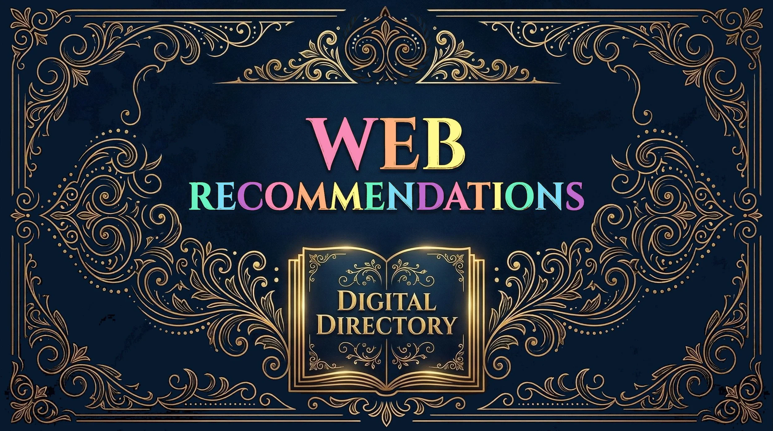 Decorative digital graphic with gold ornate borders and text, showcasing 'WEB RECOMMENDATIONS' in colorful letters and 'DIGITAL DIRECTORY' inside a glowing book icon, on a dark blue background.